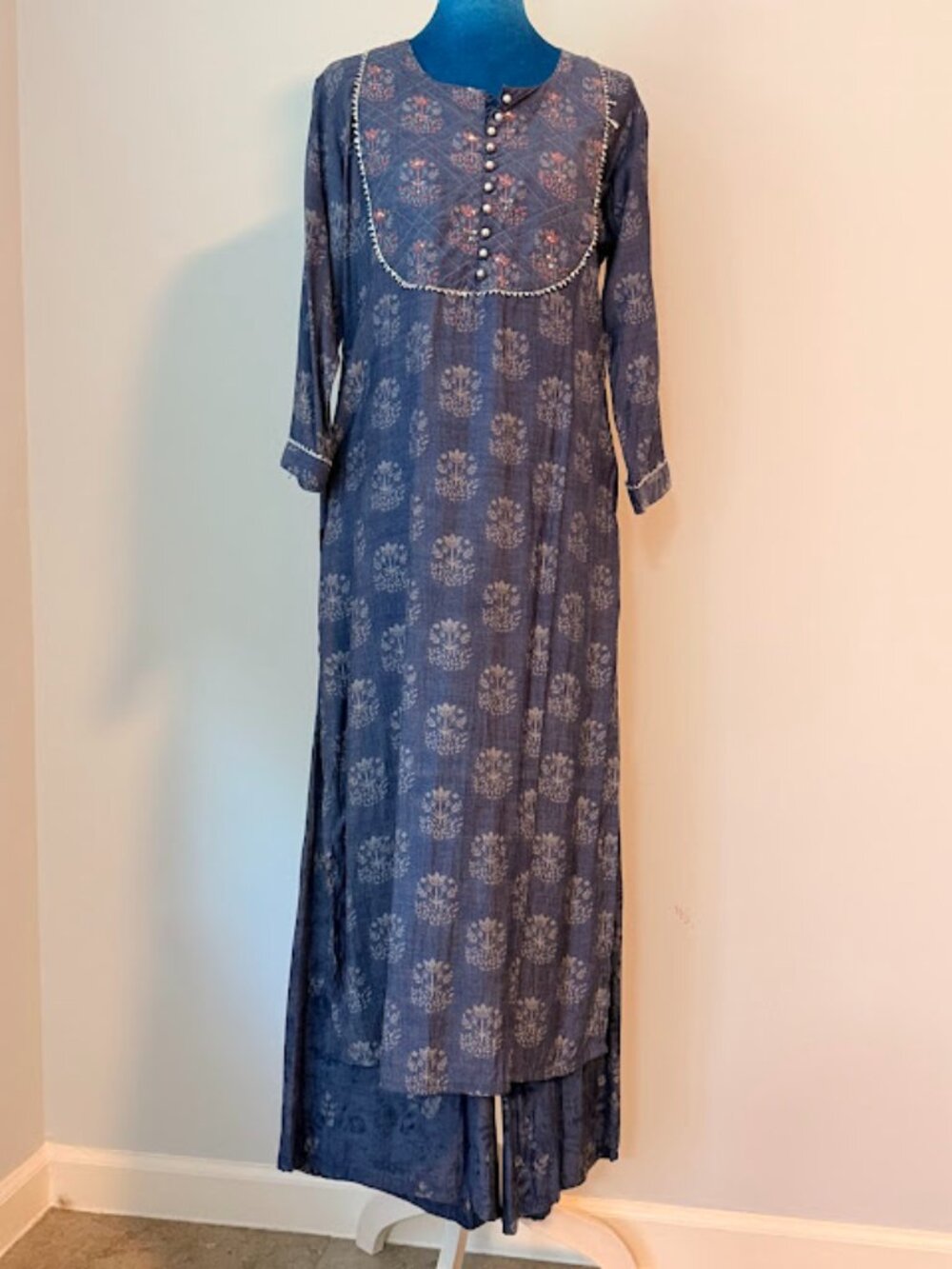 Blue Floral Kurti Set with Embroidery & Matching Pants